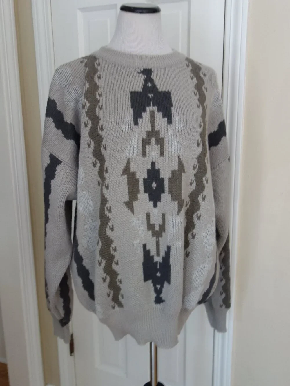 Vntg PIONEER WEAR Gray Southwest Crew Neck Sweater – Wmns XL